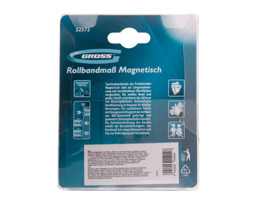 Рулетка Magnetisch 5 м х 25 мм,обрезиненный корпус,автоматическая фиксация,Нейлоновое покрытиеытие,зацеп с магнитом Gross