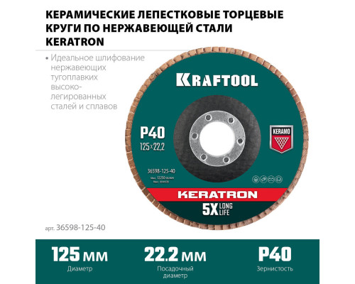 Круг лепестковый керамический торцевой по нержавеющей стали, 125 х 22.2 мм, P40 KRAFTOOL 36598-125-40