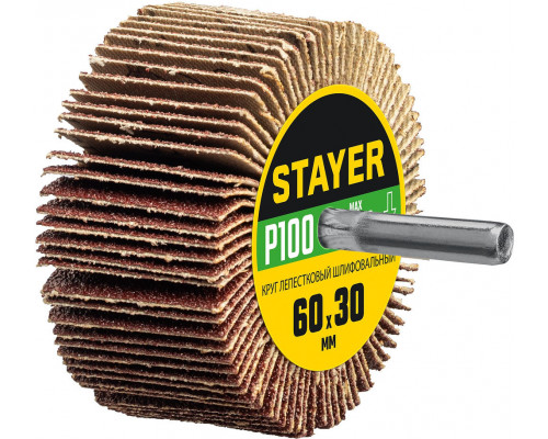 Круг шлифовальный лепестковый d 60 x 30 мм, P100, на шпильке d 6 мм STAYER 36608-100