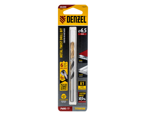 Сверло спиральное по металлу 6,5 x 93мм, Р6М5, Golden Tip, многогранная заточка Denzel (718279)