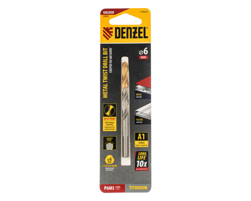 Сверло спиральное по металлу 6 x 93 мм, Р6М5, Golden Tip Denzel (718235)