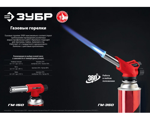 Горелка газовая ГМ-150 1300°C с пьезоподжигом на баллон с цанговым соединением ЗУБР 55554
