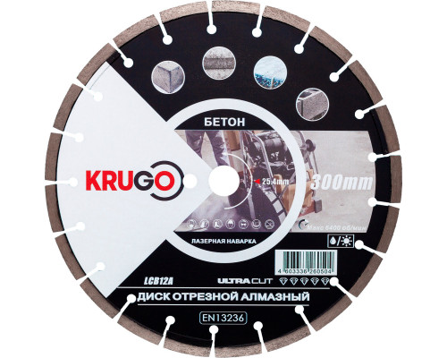 Диск алмазный для бетона, лазерная сварка 300x25.4x40x3.0x10mm KRUGO (LCB12A)