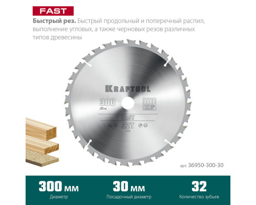 Пильный диск по дереву Fast, 300 х 30 мм, 32Т KRAFTOOL 36950-300-30