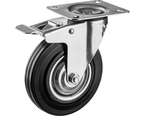 Колесо поворотное с тормозом d 125 мм, г/п 100 кг, игольчатый подшипник, резина/металл ЗУБР Профессионал 30936-125-B