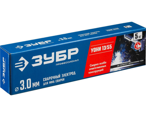 Электрод сварочный УОНИ 13/55 с основным покрытием D 3.0 x 350 мм, 5 кг в коробке ЗУБР Профессионал 40025-3.0