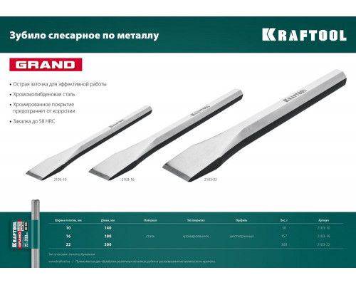 Слесарное зубило по металлу Grand, 16 х 180 мм KRAFTOOL 2103-16