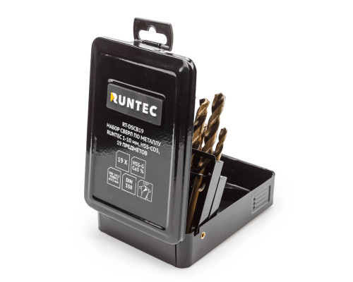 Набор сверл по металлу 1-10 мм, HSS-Co5, 19 предметов RUNTEC RT-DSCB19
