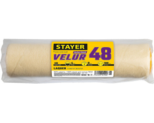 Ролик малярный для лаков и эмалей Professional VELUR 48 х 180 мм бюгель 8 мм ворс 4 мм 50% акрил 50% шерсть STAYER 0232-18_z01