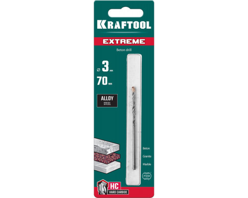 Сверло по бетону Extreme, 3 х 70 мм, цилиндр. хвостовик KRAFTOOL 29166-070-03