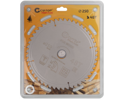 Диск пильный по дереву с тефлоновым покрытием 48Т, CUTOP Profi plus, 250 х 1,8/2,6 х 32/30/25,4/20 мм (75-25048Т)