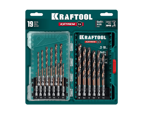 KRAFTOOL НЕХ-1/4?, 19 шт, набор сверл по металлу для винтовёртов и шуруповертов IMPACT READY (29652-H19)
