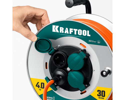 Силовой удлинитель на стальной катушкеEXPERT ПВС 3х2.5 30м 4000Вт IP44 KRAFTOOL 55089-30