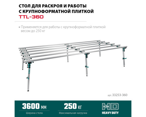 Стол для работ с крупноформатными листовыми материалами TTL-360, 360х150х70 см, макс 250 кг KRAFTOOL 33253-360