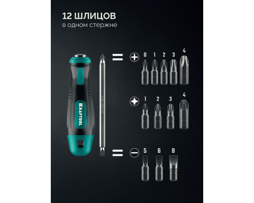 Отвертка универсальная переставная с двусторонним стержнем Universal-12 PH0-1-2-3-4 PZ1-2-3-4 SL5/6/8 мм 12-в-1 KRAFTOOL 26168_z01