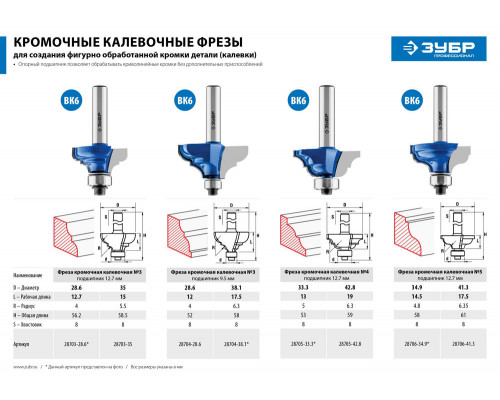 Фреза кромочная калевочная №3 28.6?12.7 мм радиус 4 мм ЗУБР Профессионал 28703-28.6