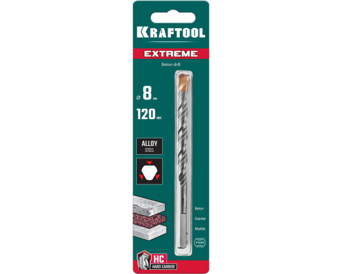 Сверло по бетону Extreme, 8 х 120 мм, трехгранный хвостовик KRAFTOOL 29166-120-08