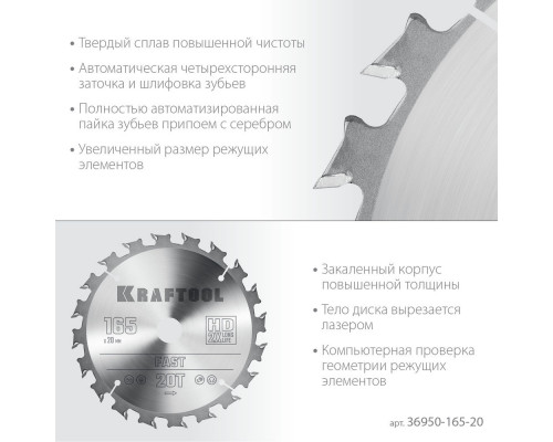 Пильный диск по дереву Fast, 165 х 20 мм, 20Т KRAFTOOL 36950-165-20