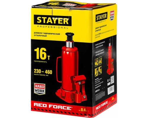 Домкрат бутылочный гидравлический 16 т, 230 - 460 мм RED FORCE Professional STAYER 43160-16