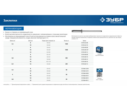 Заклёпки нержавеющие 3.2?10 мм 1000 шт ЗУБР Профессионал 31316-32-10