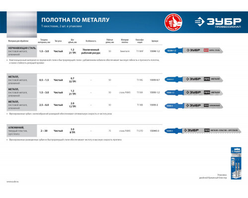 Полотна для лобзика 2 шт T118AF 50 мм / 1.2 мм T-хвост. высокий ресурс по металлу толщиной 1.5-2 мм Би-металл ЗУБР 15594-1.2