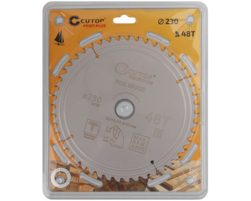 Диск пильный по дереву с тефлоновым покрытием 48Т, CUTOP Profi plus, 230 х 1,6/2,4 х 32/30/25,4/20 мм (75-23048Т)