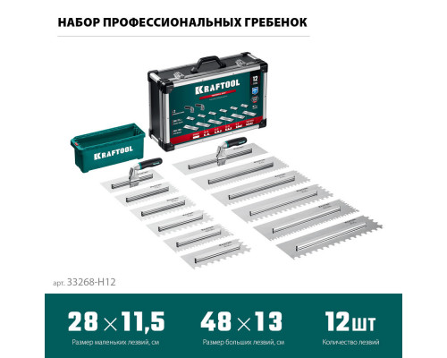 Набор нержавеющих гребенок со сменной 2к ручкой, в пластиковом кейсе, 280х115 мм (6шт) – 480х130 мм (6шт) KRAFTOOL 33268-H12