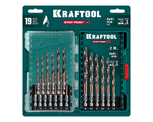 Набор сверл по металлу для винтовёртов и шуруповертов IMPACT READY STEP POINT 19 штук KRAFTOOL 29653-H19