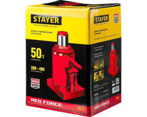 Домкрат бутылочный гидравлический 50 т, 300 - 480 мм RED FORCE Professional STAYER 43160-50
