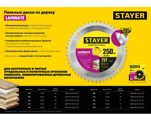 Диск пильный по ламинату Laminate STAYER 230x32/30 мм 72Т аккуратный рез 3684-230-32-72_z01  