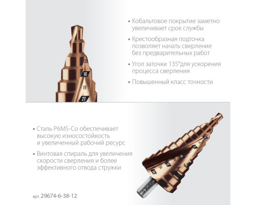 Сверло ступенчатое 6-38 мм, 12 ступеней, винтовая проточка КОБАЛЬТ ЗУБР ПРОФЕССИОНАЛ 29674-6-38-12