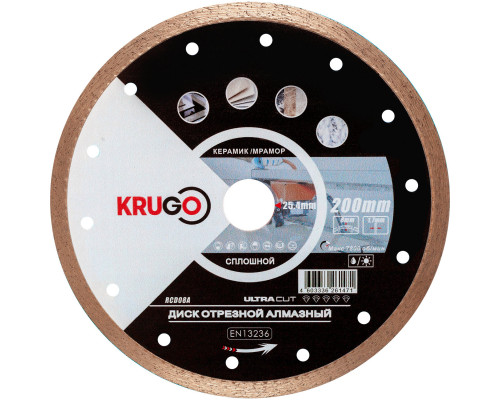 Диск алмазный сплошной по керамике для УШМ 200 x 1.7 x 25.4/22.23 x 8mm KRUGO (RCD08A)