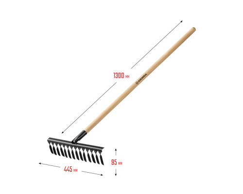 Садовые грабли GS-14 WOOD, 445 х 95 х 1300 мм, 14 витых зубцов, углеродистая сталь, антикор. покрытие, черенок дерев. высш. сорт GRINDA 39581-14