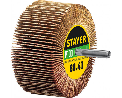 Круг шлифовальный лепестковый d 80 x 40 мм, P100, на шпильке d 6 мм STAYER 36609-100