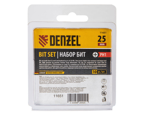 Бита PH1х25, сталь S2, шестигранный профиль, 10 шт. Е 6,3 Denzel (11651)
