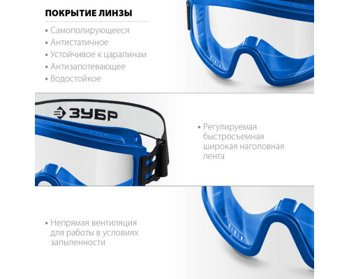 Очки защитные закрытые с непрямой вентиляцией стекло ацетатное химстойкое ЗУБР ПАНОРАМА ХС Профессионал 110235_z01