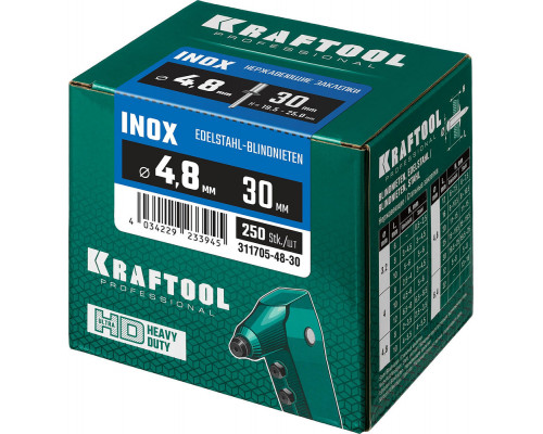 Нержавеющие заклепки Inox, 4.8 x 30 мм, 250 шт KRAFTOOL 311705-48-30