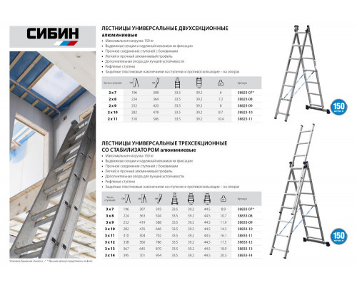 Лестница трехсекционная алюминиевая 10 ступеней, со стабилизатором СИБИН 38833-10