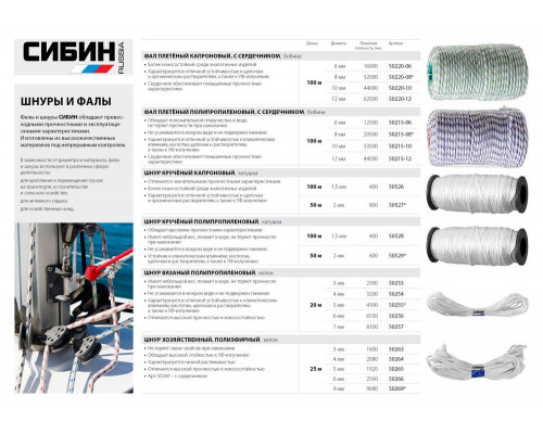 Плетеный полипропиленовый фал с сердечником d 10 мм 24-прядный 100 м СИБИН 50215-10