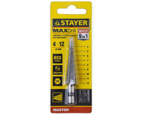 Сверло ступенчатое 4-12 мм, 9 ступеней, сталь HSS STAYER 29660-4-12-9