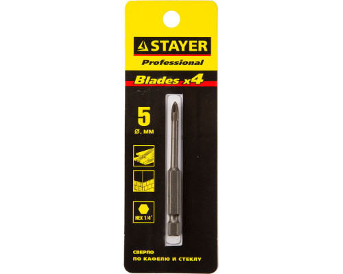Сверло по стеклу и кафелю 5 мм, 4х кромка, HEX 1/4 STAYER 2985-05_z01