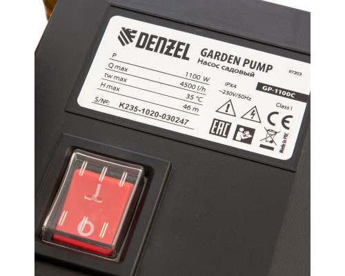 Садовый поверхностный насос GP1100C, 1100 Вт, 4500 л/ч, подъем 46 м, чугун Denzel (97203)