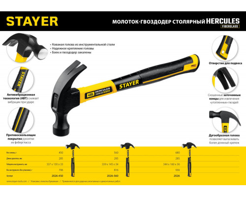 Молоток-гвоздодёр столярный Fiberglass, 680 г, с фиберглассовой рукояткой STAYER Professional 2026_z02
