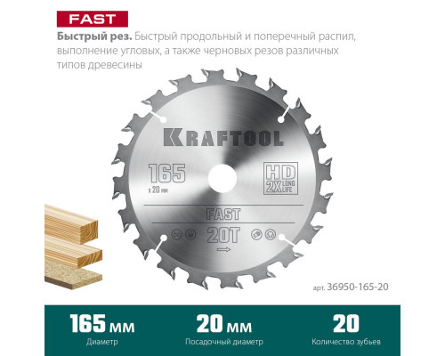 Пильный диск по дереву Fast, 165 х 20 мм, 20Т KRAFTOOL 36950-165-20