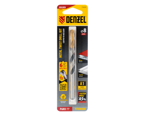 Сверло спиральное по металлу 8 x 117мм, Р6М5, Golden Tip, многогранная заточка Denzel (718282)