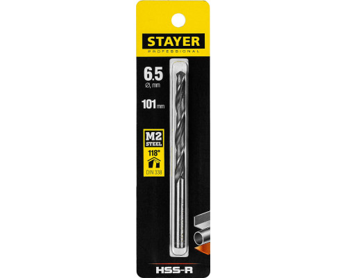 Сверло по металлу быстрорежущая сталь P6M5 Professional HSS-R STAYER 6.5x101 мм 29602-6.5  