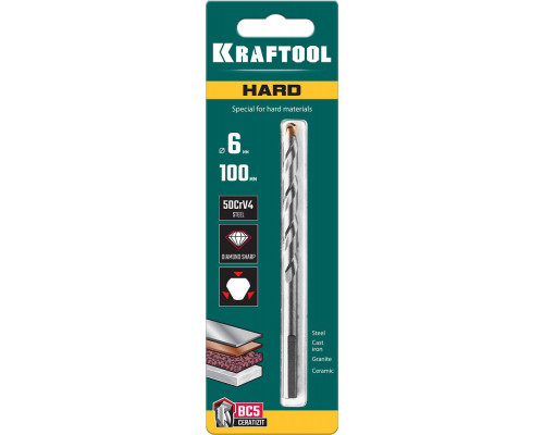 Сверло специальное по твёрдым материалам Hard, 6 х 100 мм, тв.сплав ВС5 KRAFTOOL 29177-100-6