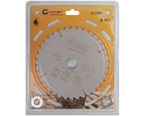 Диск пильный по дереву с тефлоновым покрытием 36Т, CUTOP Profi plus, 190 х 1,5/2,2 х 30/25,4/20/16 мм (75-19036Т)