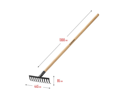 Садовые грабли GT-10 WOOD, 260 х 80 х 1300 мм, 10 прямых зубцов, углерод. сталь, антикор. покрытие, черенок дерев. высш. сорт GRINDA 39583-10