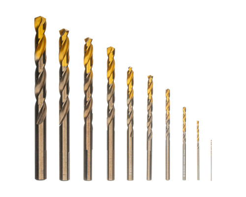 Набор сверл по металлу, 1-10 мм, Р6М5К8-TiN, Golden Tip, 10 шт Denzel (723005)